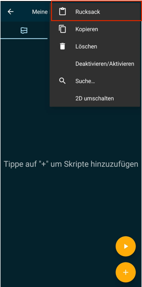 Rucksack im Kontextmenü